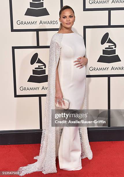 Model Chrissy Teigen arrives at The 58th GRAMMY Awards at Staples Center on February 15, 2016 in Los Angeles, California.