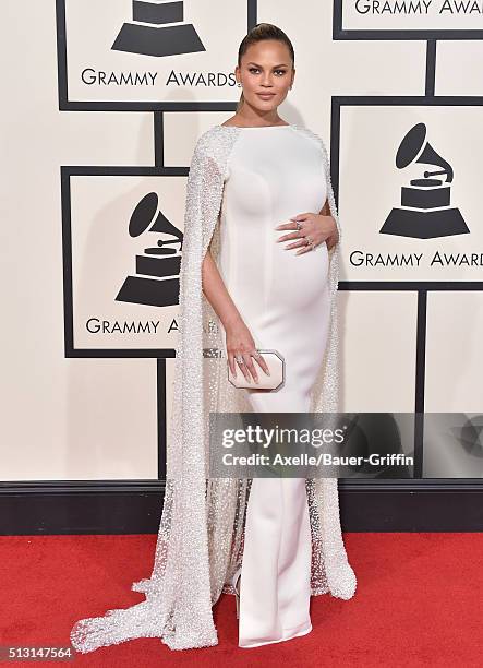 Model Chrissy Teigen arrives at The 58th GRAMMY Awards at Staples Center on February 15, 2016 in Los Angeles, California.