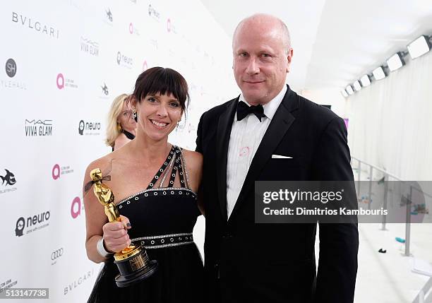 Make up artist Elka Wardega and EJAF Executive Director Scott Campbell attend the 24th Annual Elton John AIDS Foundation's Oscar Viewing Party at The...