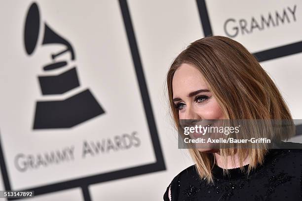 Singer Adele arrives at The 58th GRAMMY Awards at Staples Center on February 15, 2016 in Los Angeles, California.