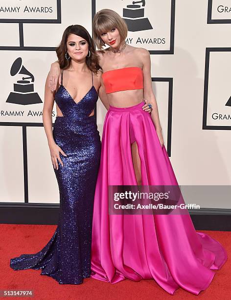 Musicians Selena Gomez and Taylor Swift arrive at The 58th GRAMMY Awards at Staples Center on February 15, 2016 in Los Angeles, California.