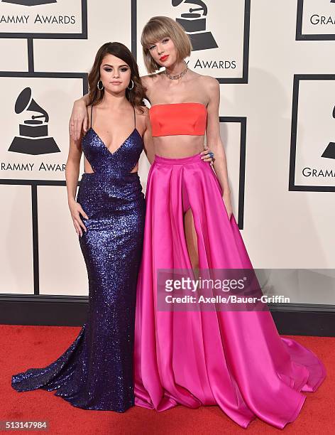 Musicians Selena Gomez and Taylor Swift arrive at The 58th GRAMMY Awards at Staples Center on February 15, 2016 in Los Angeles, California.