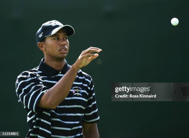 Team player Tiger Woods reaches for a golf ball on the 11th hole during the final practice day for the 35th Ryder Cup Matches at the Oakland Hills...