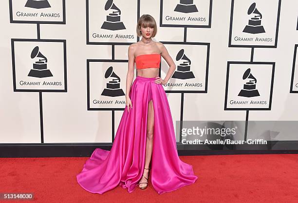 Musician Taylor Swift arrives at The 58th GRAMMY Awards at Staples Center on February 15, 2016 in Los Angeles, California.