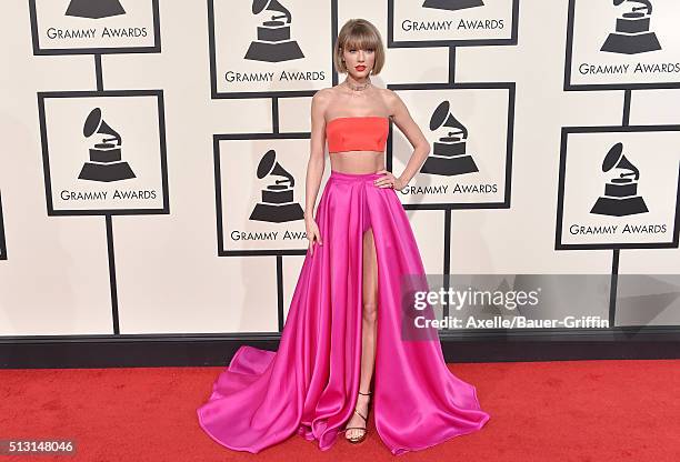 Musician Taylor Swift arrives at The 58th GRAMMY Awards at Staples Center on February 15, 2016 in Los Angeles, California.