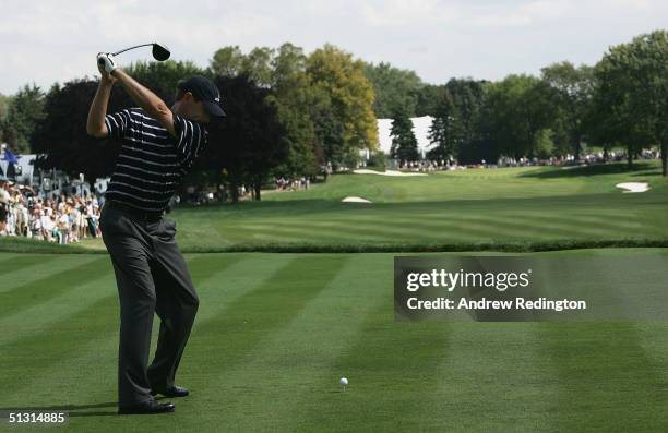 Team player Davis Love III hits his tee shot on the first hole during the final practice day for the 35th Ryder Cup Matches at the Oakland Hills...