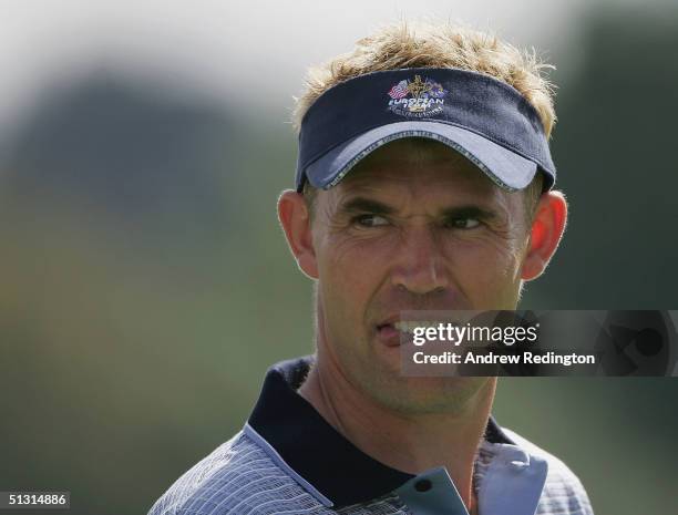 European team player Padraig Harrington of Ireland waits on the tenth hole during the final practice day for the 35th Ryder Cup Matches at the...