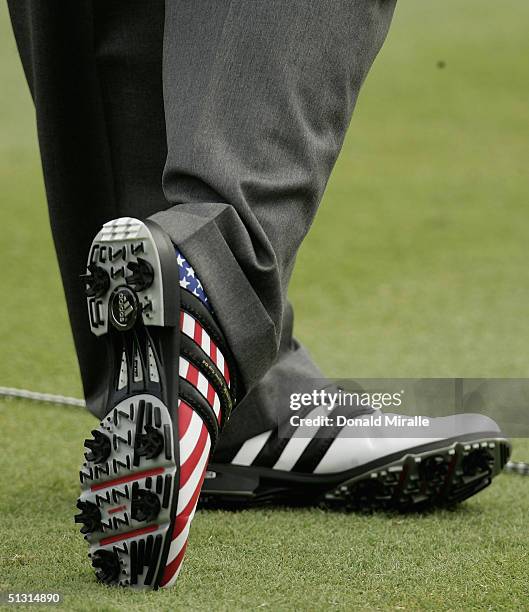 Detailed shot of Fred Funk's shoes on the practice range during the final practice day for the 35th Ryder Cup Matches at the Oakland Hills Country...