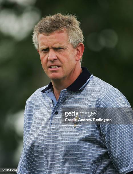 European team player Colin Montgomerie of Scotland waits on the ninth green during the final practice day for the 35th Ryder Cup Matches at the...