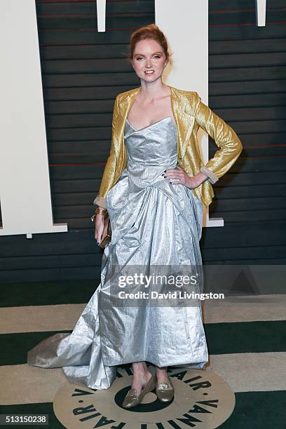 Model Lily Cole arrives at the 2016 Vanity Fair Oscar Party Hosted by Graydon Carter at the Wallis Annenberg Center for the Performing Arts on...