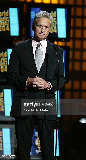 Actor Michael Douglas presents the Diamond Award on stage at the 2004 World Music Awards at the Thomas & Mack Centre on September 15, 2004 in Las...