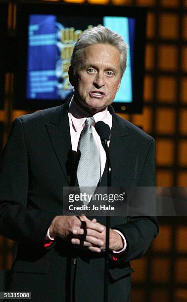 Actor Michael Douglas presents the Diamond Award on stage at the 2004 World Music Awards at the Thomas & Mack Centre on September 15, 2004 in Las...