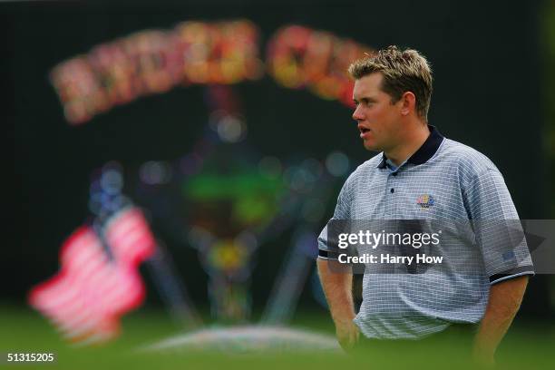 European team player Lee Westwood of England looks over a green during the final practice day for the 35th Ryder Cup Matches at the Oakland Hills...