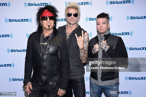 Nikki Sixx, James Michael and DJ Ashba of the band Sixx:A.M. Visit at SiriusXM Studios on February 29, 2016 in New York City.