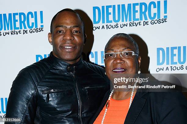 Actress Firmine Richard and her son Keneff attend the 'Dieu Merci !' Paris Premiere at Ministere de l'Outremer on February 29, 2016 in Paris, France.