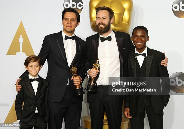 Actors Jacob Trembly , Abraham Attah and Shan Christopher Ogilvy and Benjamin Cleary, winners for Best Live Action short Film for 'Stutterer,' pose...