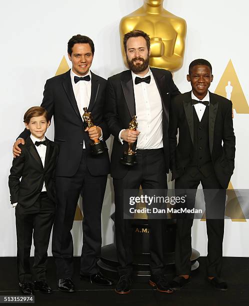 Actors Jacob Trembly , Abraham Attah and Shan Christopher Ogilvy and Benjamin Cleary, winners for Best Live Action short Film for 'Stutterer,' pose...