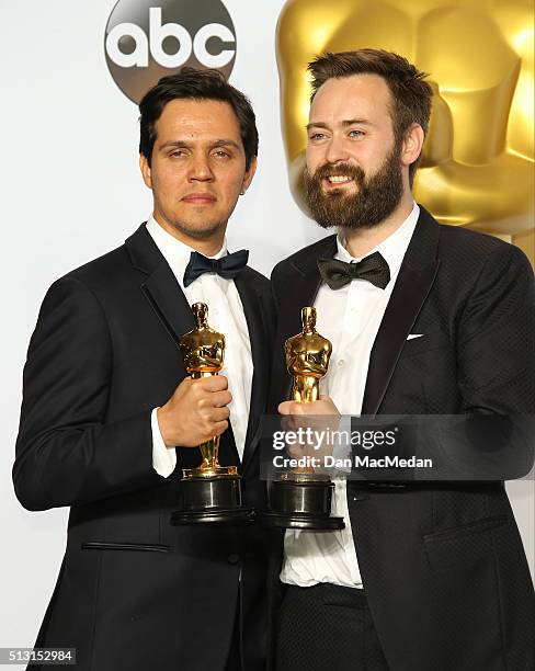 Shan Christopher Ogilvy and Benjamin Cleary, winners for Best Live Action short Film for 'Stutterer,' pose in the press room at the 88th Annual...