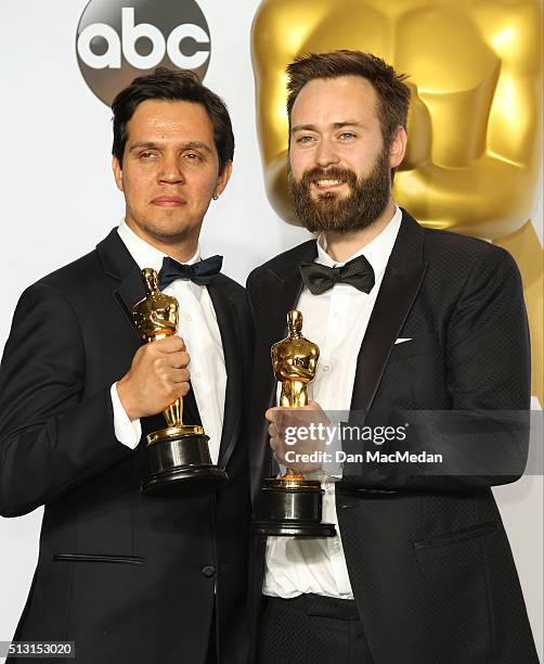 Shan Christopher Ogilvy and Benjamin Cleary, winners for Best Live Action short Film for 'Stutterer,' pose in the press room at the 88th Annual...