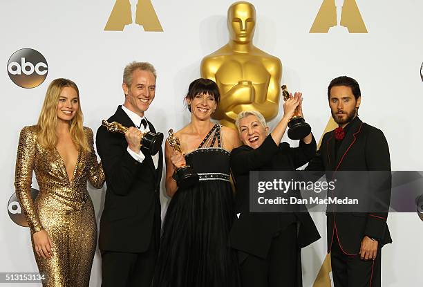 Actors Margot Robbie and Jared Leto with makeup artists Damian Martin, Lesley Vanderwalt and Elka Wardega, winners of the Best Makeup Hairstyling...