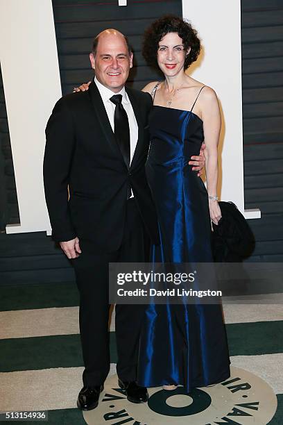 Writer Matthew Weiner and Linda Brettler arrive at the 2016 Vanity Fair Oscar Party Hosted by Graydon Carter at the Wallis Annenberg Center for the...