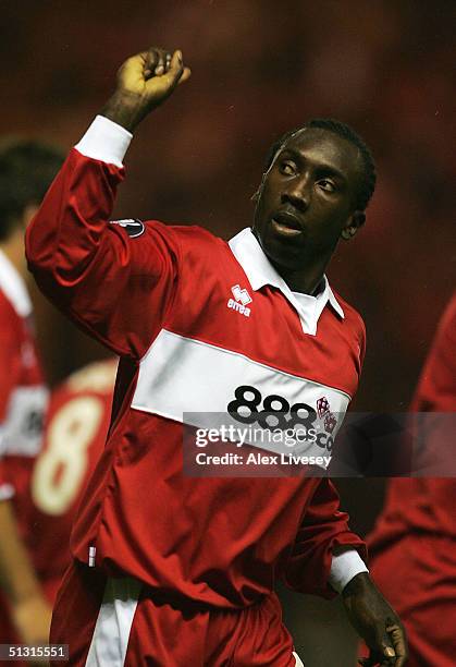 Jimmy Floyd Hasselbaink of Middlesbrough celebrates his goal during the UEFA Cup first round, first leg match between Middlesbrough and Banik Ostrava...