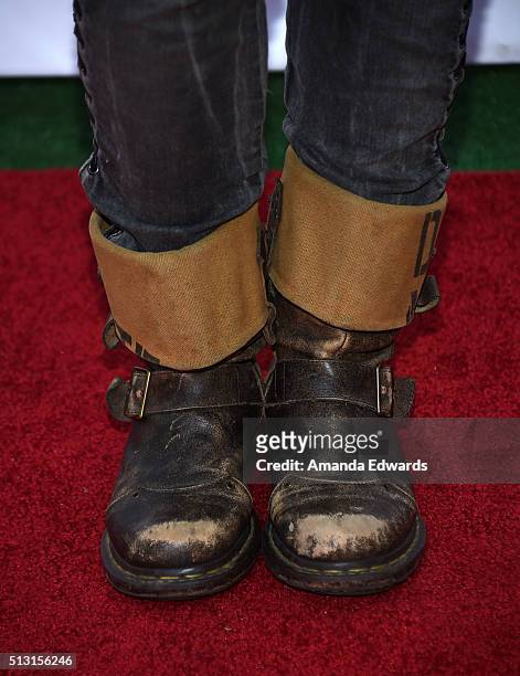 Actress and singer Melissa Mars, shoe detail, attends the Champagne brunch reception honoring the French nominees for The 88th Academy Awards at La...