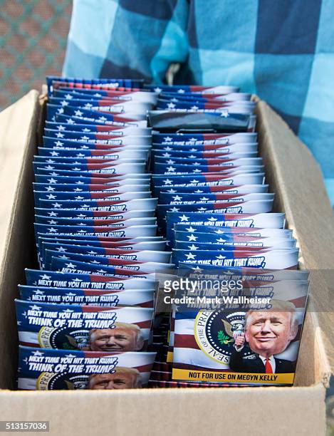Vendor sells Donald Trump condoms at a rally for the Republican presidential candidate at Valdosta State University February 29, 2016 in Valdosta,...