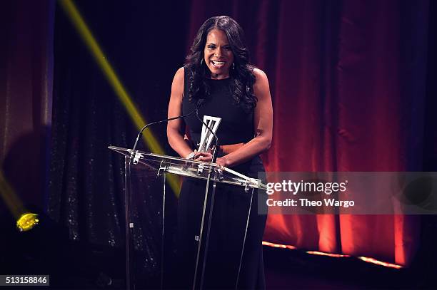 Actress Audra McDonald speaks onstage during the Roundabout Theatre Company 2016 Spring Gala at The Waldorf-Astoria on February 29, 2016 in New York...