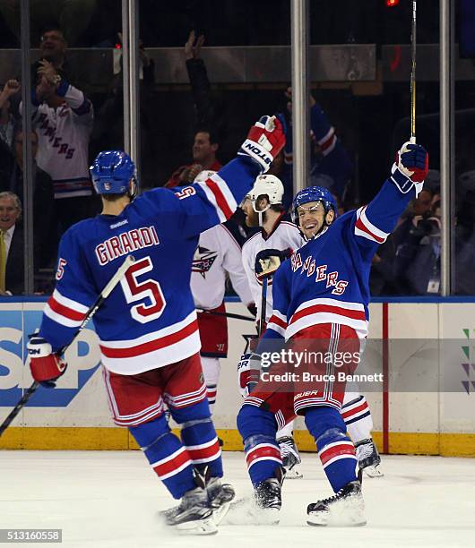 Derek Stepan of the New York Rangers celebrates his shorthanded game winning goal at 17:12 of the third period against the Columbus Blue Jackets and...