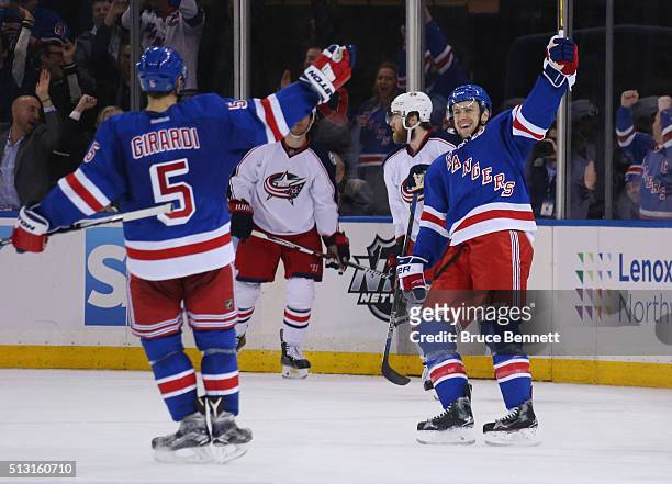 Derek Stepan of the New York Rangers celebrates his shorthanded game winning goal at 17:12 of the third period against the Columbus Blue Jackets and...