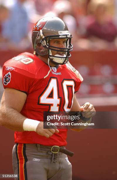 Mike Alstott of the Tampa Bay Buccaneers looks on before the game against the Washington Redskins on September 12, 2004 at FedEx Field in Landover,...