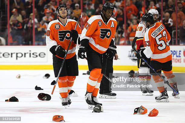 Brayden Schenn of the Philadelphia Flyers looks on after scoring a hat trick against the Calgary Flames during the second period at Wells Fargo...