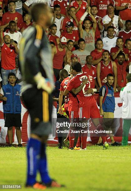 Yesus Cabrera of America de Cali celebrates with his teammates after scoring the fifth goal of his team during a match between Orsomarso and America...