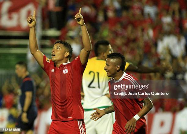 Feiver Mercado of America de Cali celebrates after scoring the fourth goal of his team during a match between Orsomarso and America de Cali as part...