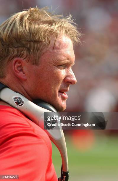 Head coach Jon Gruden of the Tampa Bay Buccaneers looks on against the Washington Redskins on September 12, 2004 at FedEx Field in Landover,...