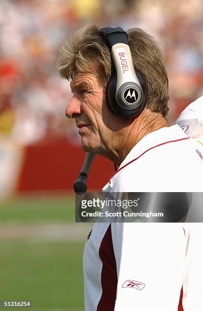 Assistant head coach for the offense Joe Bugel of the Washington Redskins looks on from the sideline against the Tampa Bay Buccaneers on September...