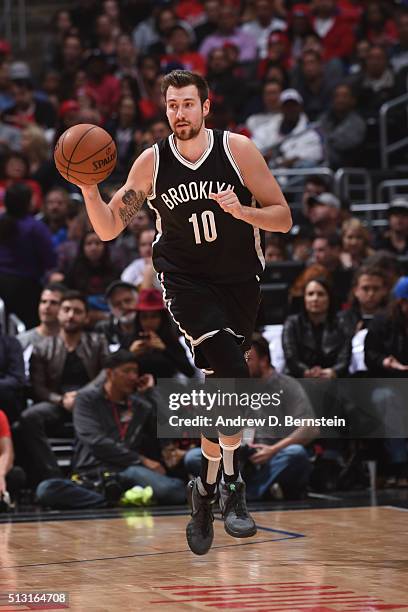 Sergey Karasev of the Brooklyn Nets drives to the basket against the Los Angeles Clippers during the game on February 29, 2016 at Staples Center in...