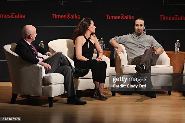 New York Times theater reporter Michael Paulson, composer/arranger Jeanine Tesori and actor/composer Lin-Manuel Miranda take part in TimesTalks at...