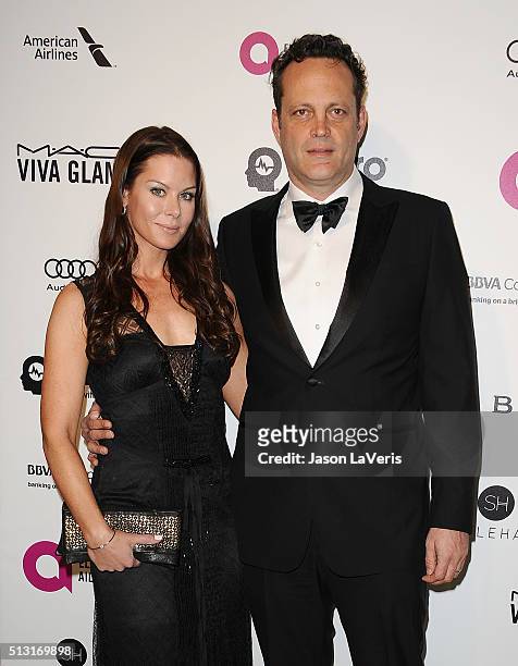 Actor Vince Vaughn and wife Kyla Weber attend the 24th annual Elton John AIDS Foundation's Oscar viewing party on February 28, 2016 in West...