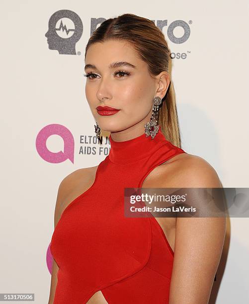 Hailey Rhode Baldwin attends the 24th annual Elton John AIDS Foundation's Oscar viewing party on February 28, 2016 in West Hollywood, California.