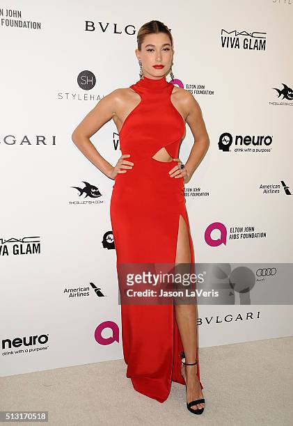 Hailey Rhode Baldwin attends the 24th annual Elton John AIDS Foundation's Oscar viewing party on February 28, 2016 in West Hollywood, California.