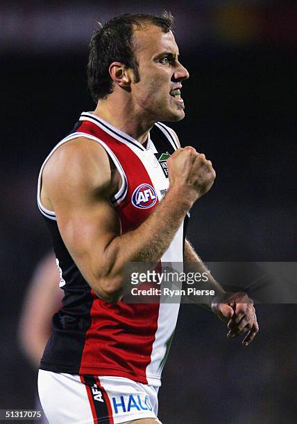 Fraser Gehrig for the Saints celebrates a goal during the AFL First Preliminary Final match between The Port Adelaide Power and the St.Kilda Saints...