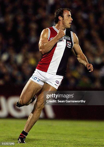 Fraser Gehrig for St. Kilda celebrates kicking his 100th goal during the First Preliminary Final between the Port Adelaide Power and St. Kilda Saints...