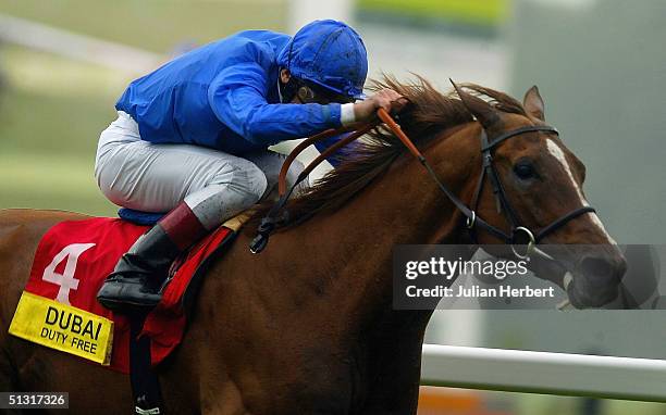 Frankie Dettori and the Godolphin-trained Sights On Gold land The Dubai Duty Free Arc Trial Race run at Newbury Racecourse, on September 17, 2004 in...