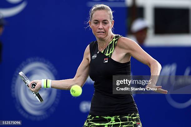 Klara Koukalova of Czech Republic plays a shot to Naomi Broady of Breat Britain during round two of the 2016 BMW Malaysian Open at Kuala Lumpur Golf...