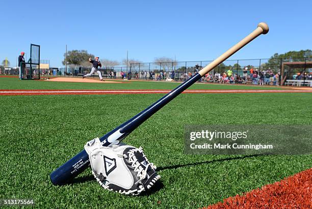 Baseball bat and glove sit on the field during the Detroit Tigers Spring Training workout day at the TigerTown Facility on February 28, 2016 in...