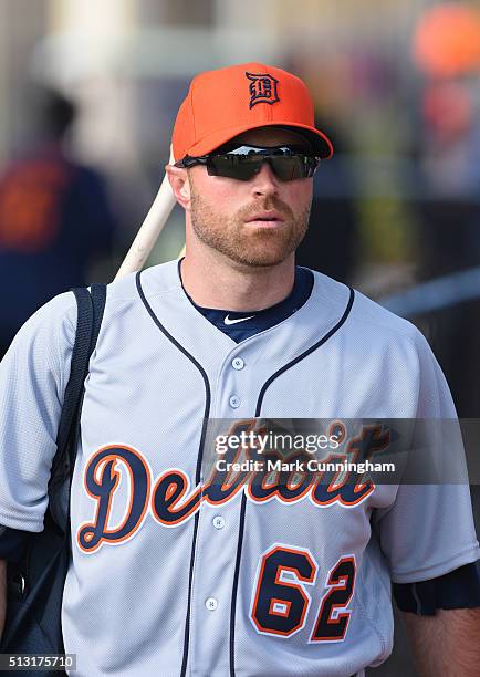 Nate Schierholtz of the Detroit Tigers looks on during the Spring Training workout day at the TigerTown Facility on February 25, 2016 in Lakeland,...