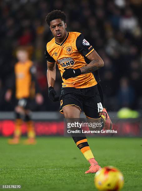 Chuba Akpom of Hull City in action during the Sky Bet Championship match between Hull City and Brighton and Hove Albion at KC Stadium on February 16,...