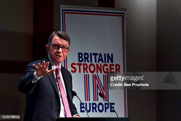 Lord Mandelson delivers a keynote speech during an event hosted by the Britain Stronger In Europe campaign on March 1, 2016 in London, England. The...